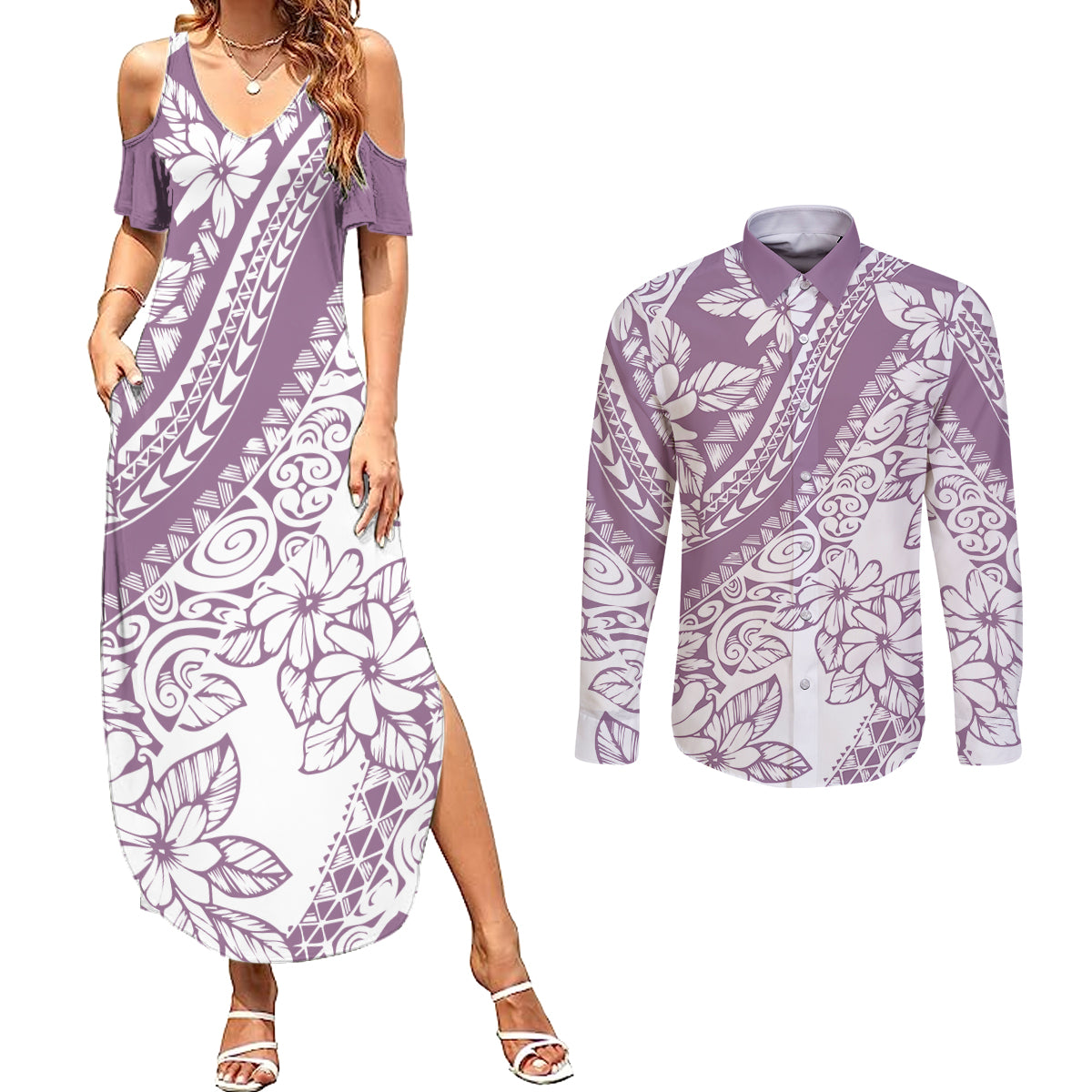 Polynesia Couples Matching Summer Maxi Dress and Long Sleeve Button Shirts Polynesian Tropical Flowers Purple Pastel Vibes - Wonder Print Shop