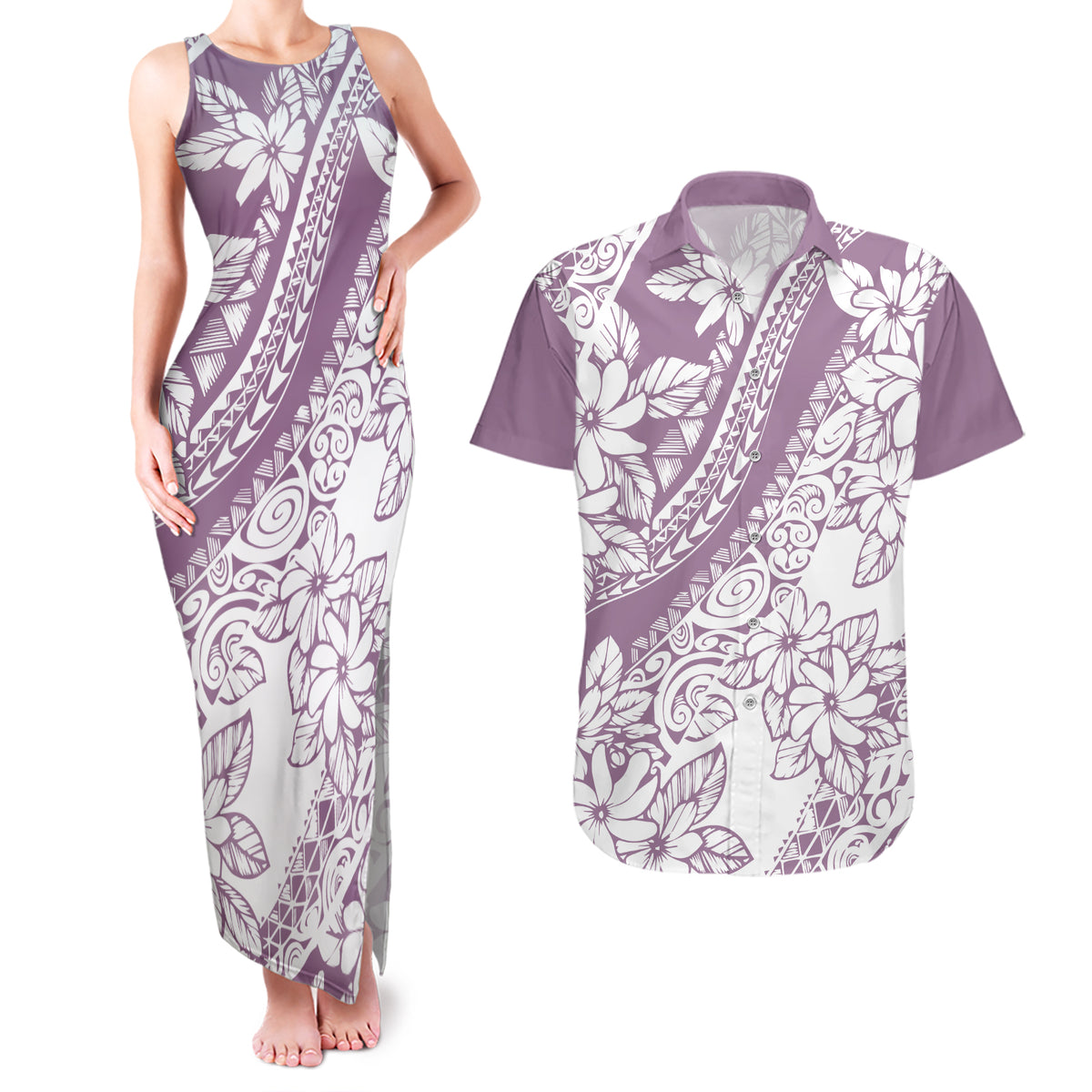 Polynesia Couples Matching Tank Maxi Dress and Hawaiian Shirt Polynesian Tropical Flowers Purple Pastel Vibes - Wonder Print Shop