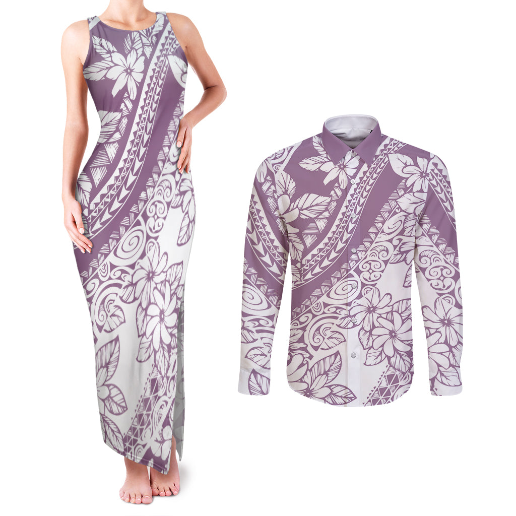 Polynesia Couples Matching Tank Maxi Dress and Long Sleeve Button Shirts Polynesian Tropical Flowers Purple Pastel Vibes - Wonder Print Shop