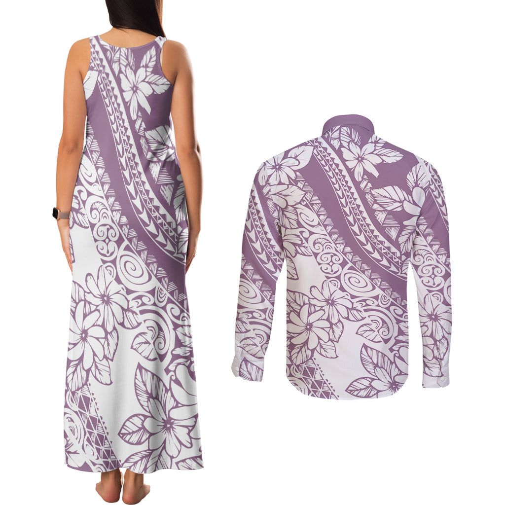 Polynesia Couples Matching Tank Maxi Dress and Long Sleeve Button Shirts Polynesian Tropical Flowers Purple Pastel Vibes - Wonder Print Shop
