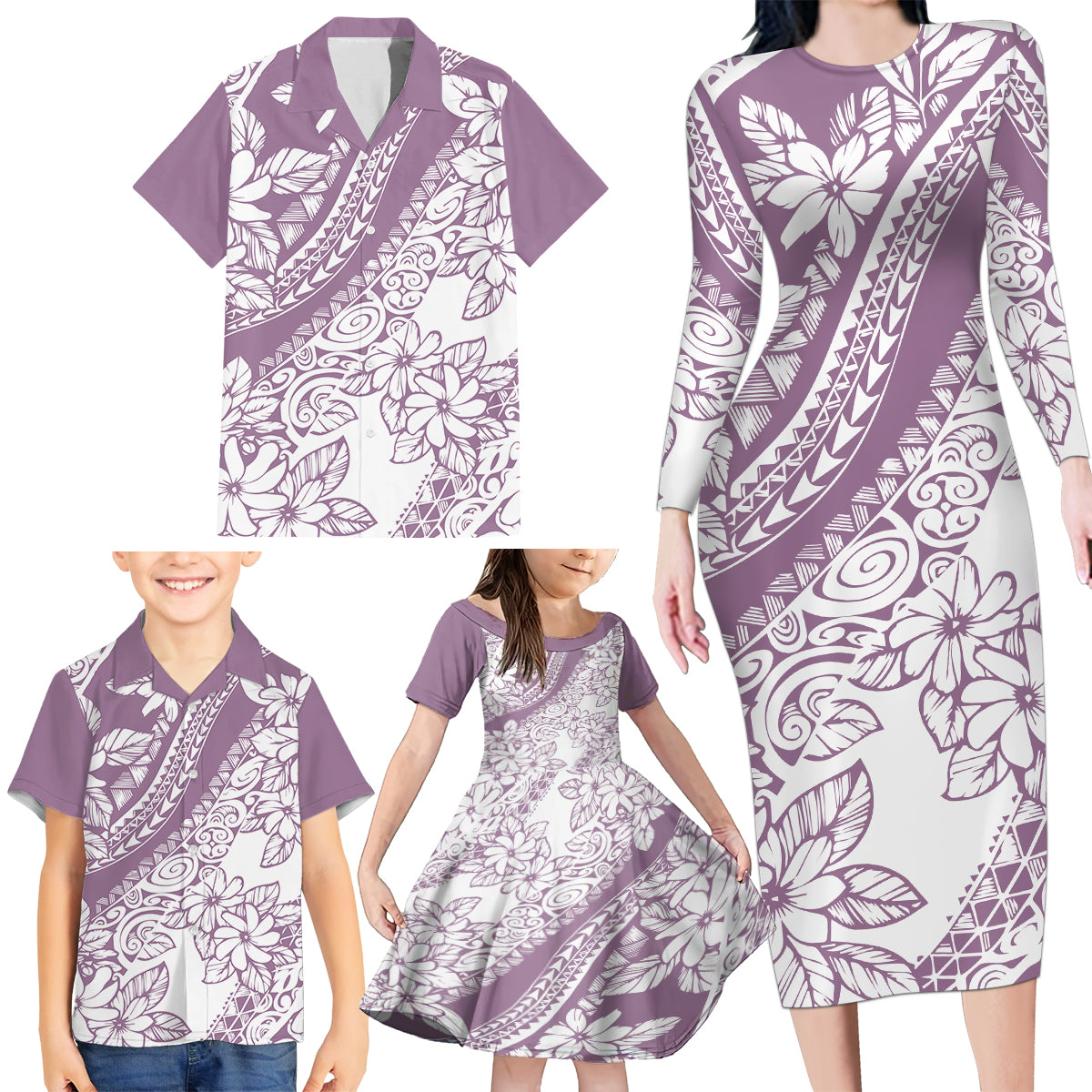 Polynesia Family Matching Long Sleeve Bodycon Dress and Hawaiian Shirt Polynesian Tropical Flowers Purple Pastel Vibes - Wonder Print Shop