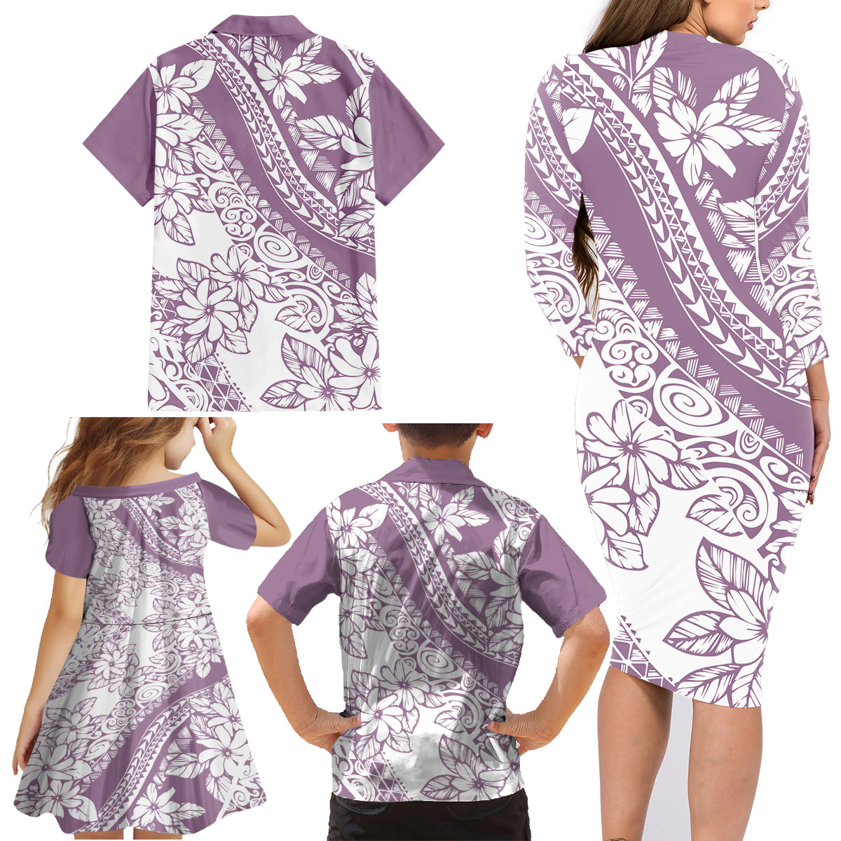 Polynesia Family Matching Long Sleeve Bodycon Dress and Hawaiian Shirt Polynesian Tropical Flowers Purple Pastel Vibes - Wonder Print Shop