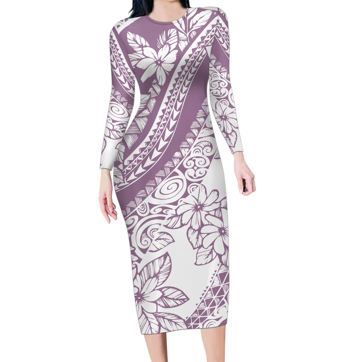 Polynesia Family Matching Long Sleeve Bodycon Dress and Hawaiian Shirt Polynesian Tropical Flowers Purple Pastel Vibes - Wonder Print Shop