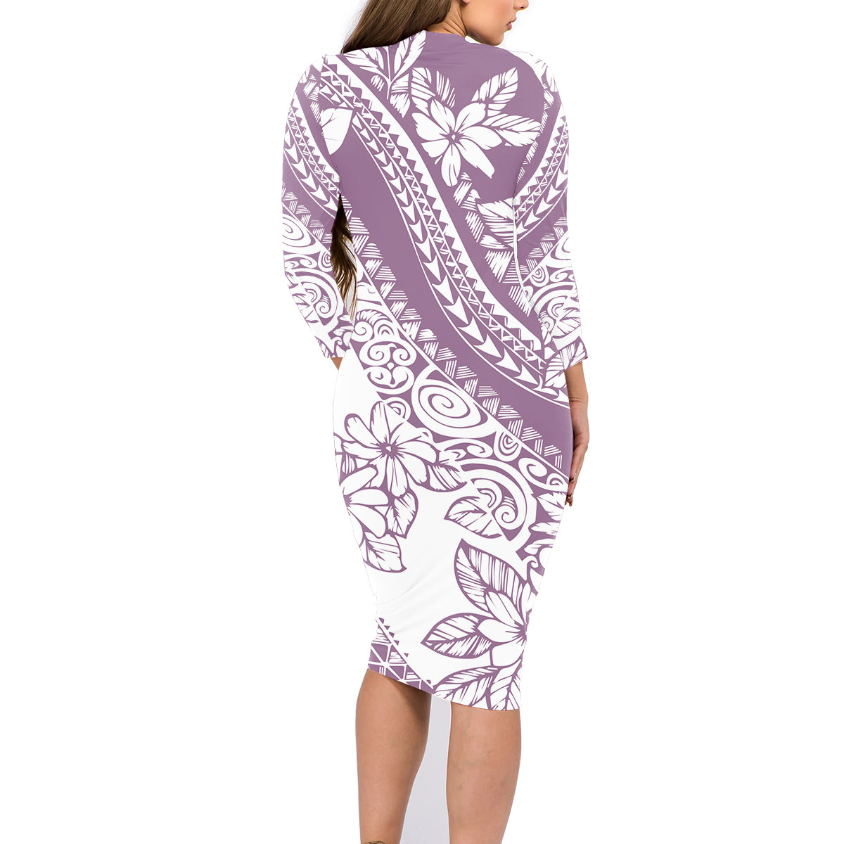 Polynesia Family Matching Long Sleeve Bodycon Dress and Hawaiian Shirt Polynesian Tropical Flowers Purple Pastel Vibes - Wonder Print Shop