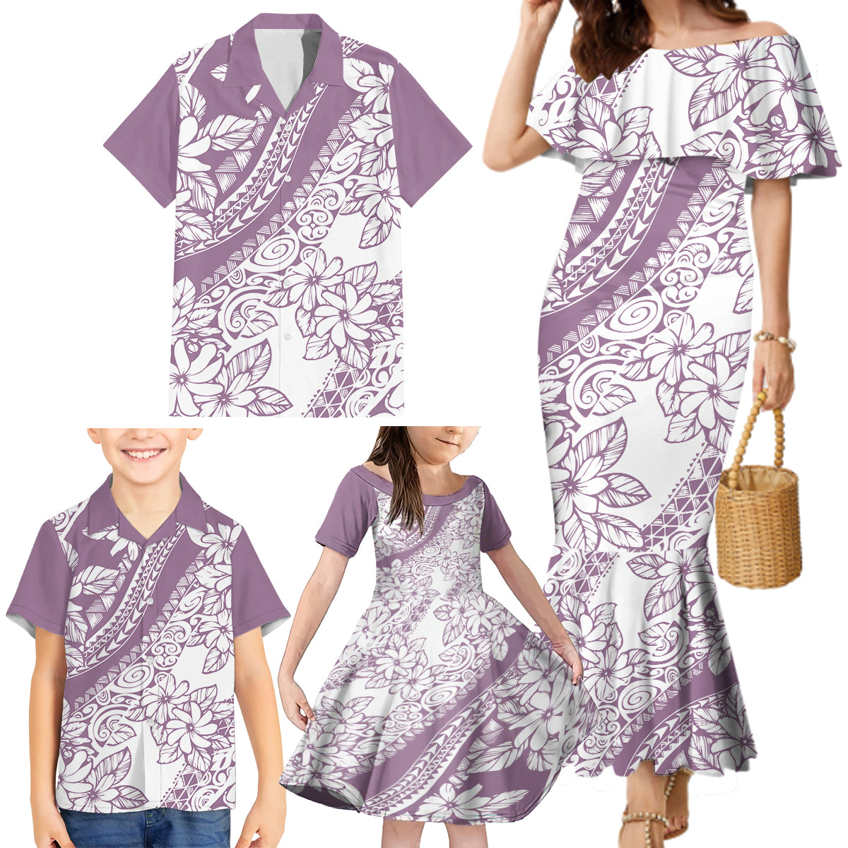 Polynesia Family Matching Mermaid Dress and Hawaiian Shirt Polynesian Tropical Flowers Purple Pastel Vibes - Wonder Print Shop