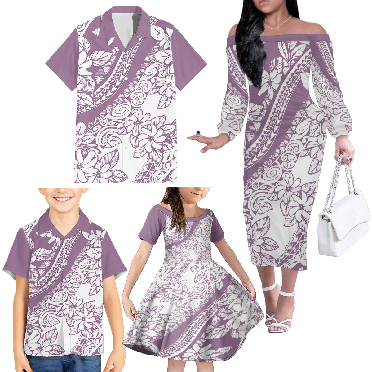 Polynesia Family Matching Off Shoulder Long Sleeve Dress and Hawaiian Shirt Polynesian Tropical Flowers Purple Pastel Vibes - Wonder Print Shop