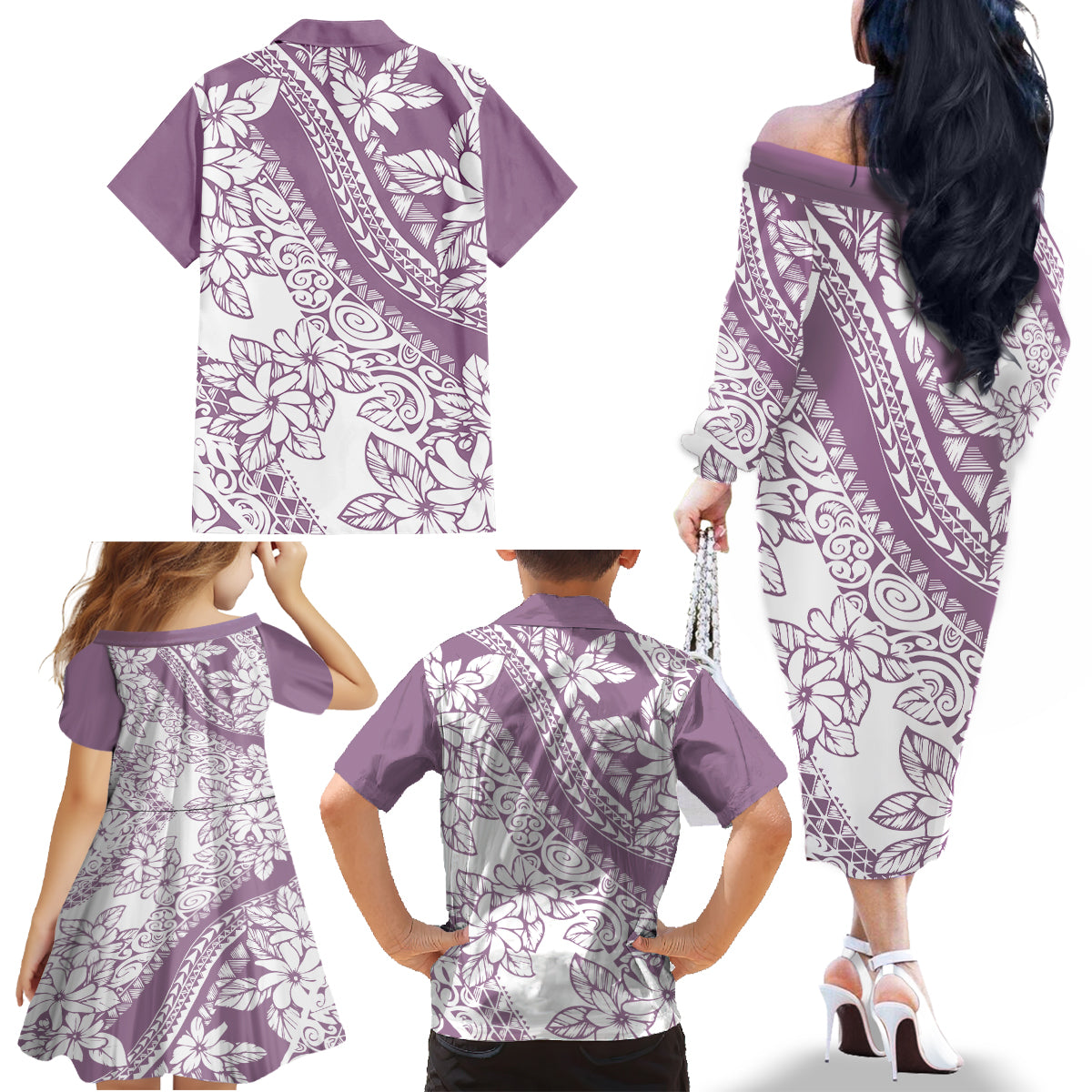 Polynesia Family Matching Off Shoulder Long Sleeve Dress and Hawaiian Shirt Polynesian Tropical Flowers Purple Pastel Vibes - Wonder Print Shop