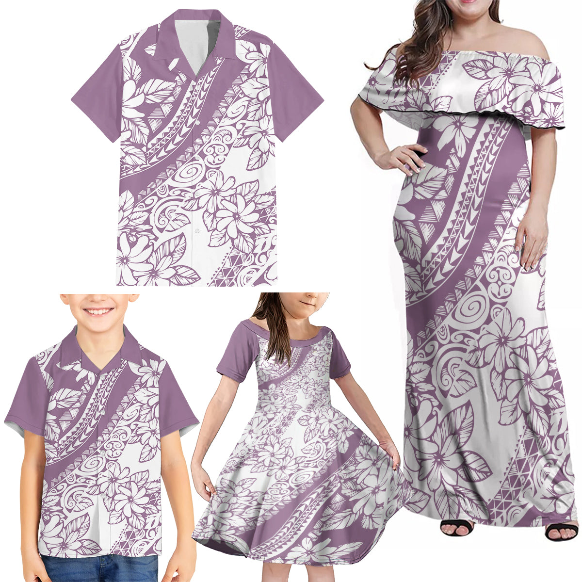 Polynesia Family Matching Off Shoulder Maxi Dress and Hawaiian Shirt Polynesian Tropical Flowers Purple Pastel Vibes - Wonder Print Shop
