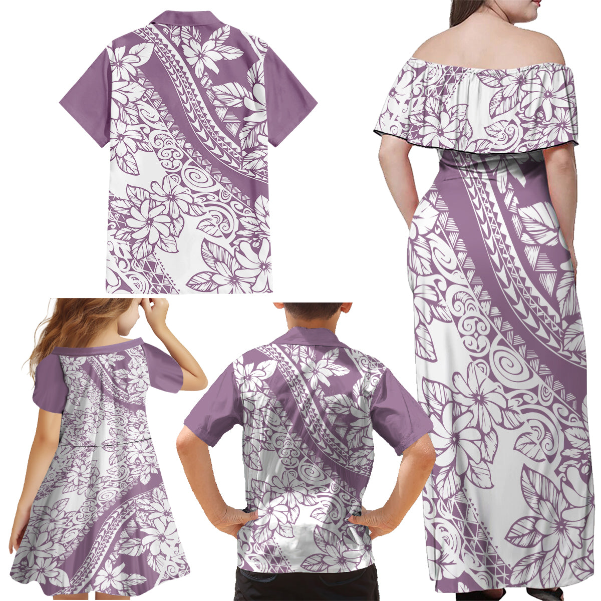 Polynesia Family Matching Off Shoulder Maxi Dress and Hawaiian Shirt Polynesian Tropical Flowers Purple Pastel Vibes - Wonder Print Shop