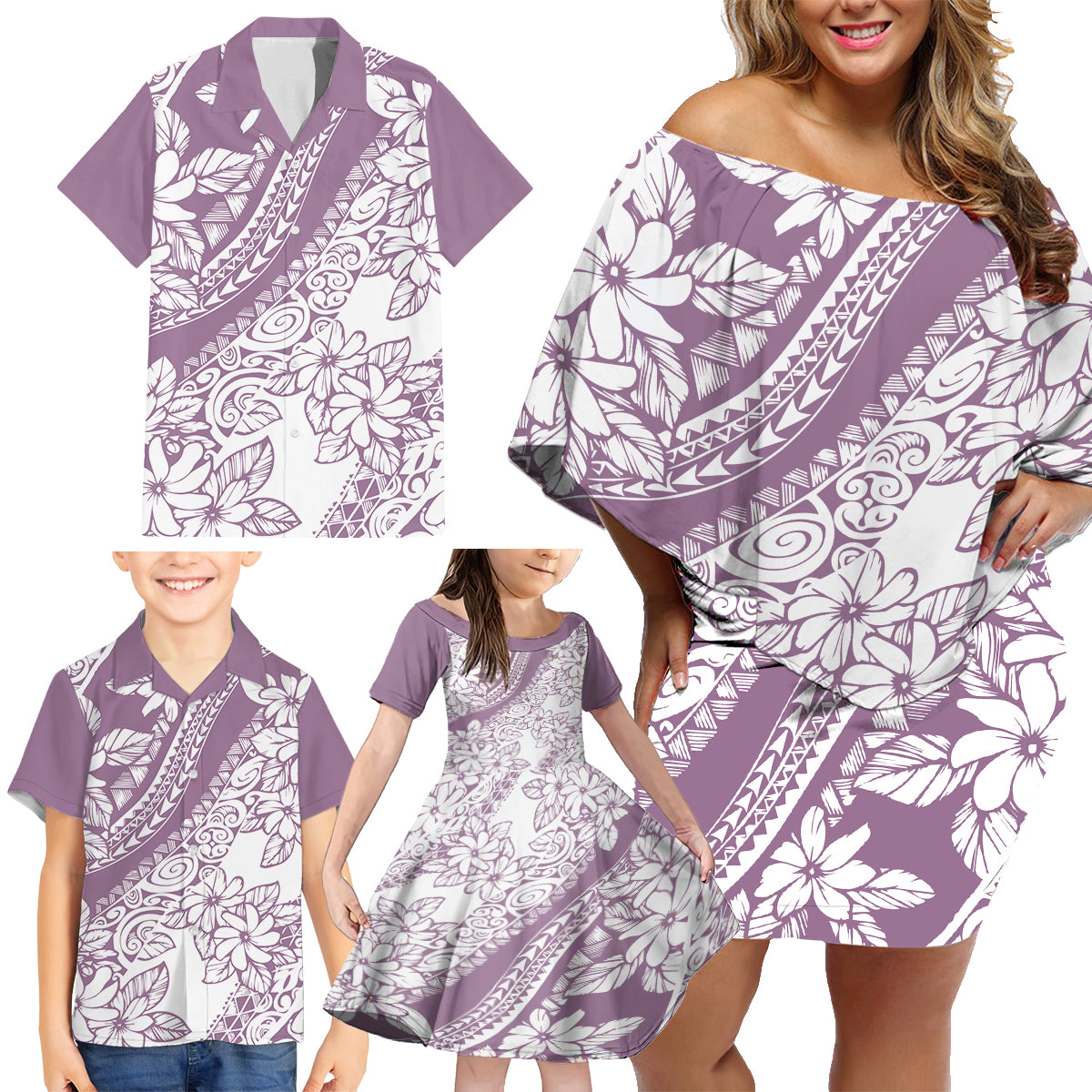 Polynesia Family Matching Off Shoulder Short Dress and Hawaiian Shirt Polynesian Tropical Flowers Purple Pastel Vibes - Wonder Print Shop