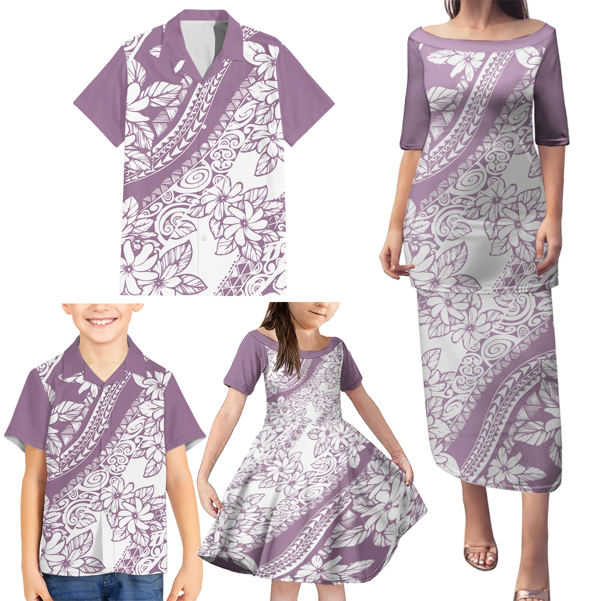 Polynesia Family Matching Puletasi Dress and Hawaiian Shirt Polynesian Tropical Flowers Purple Pastel Vibes - Wonder Print Shop