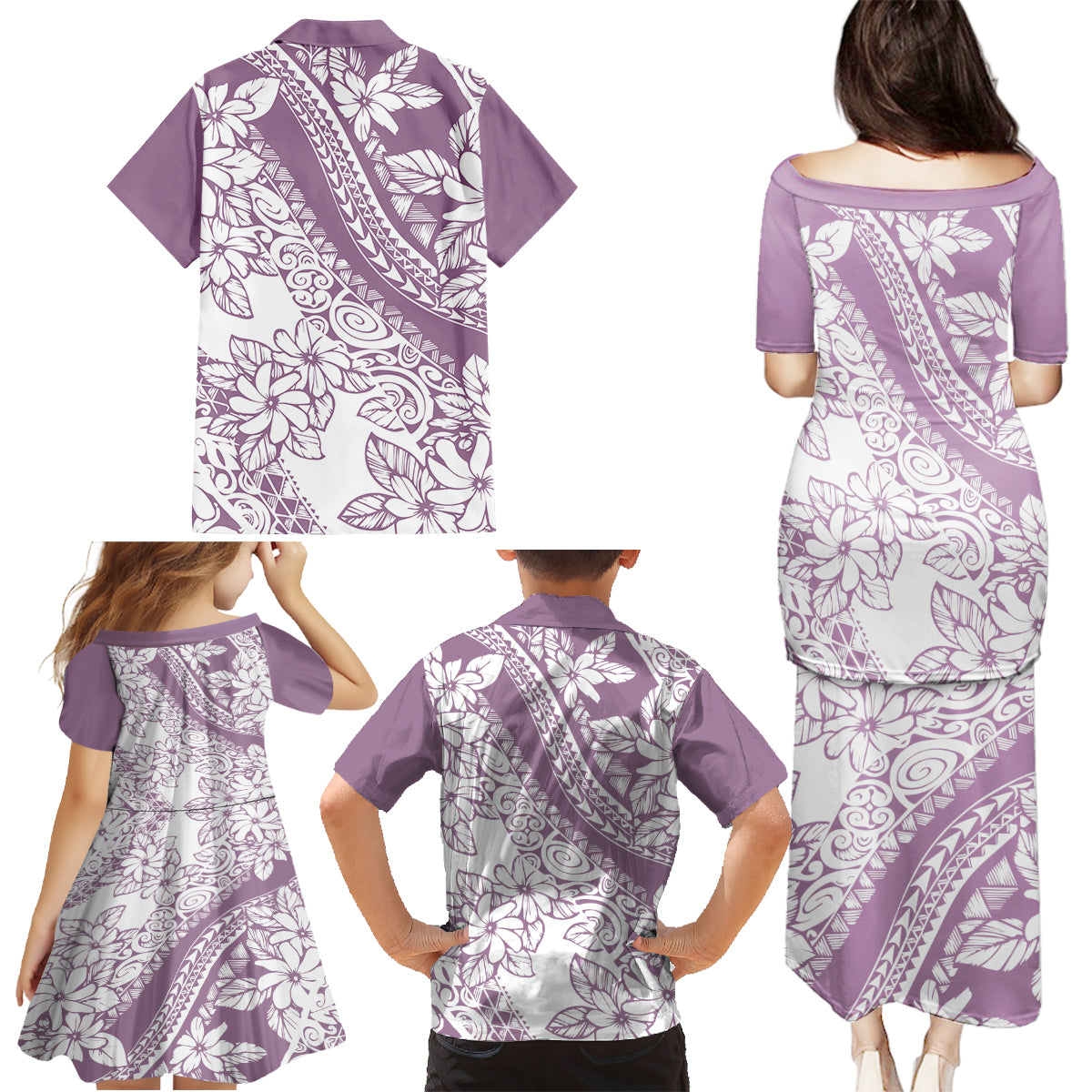 Polynesia Family Matching Puletasi Dress and Hawaiian Shirt Polynesian Tropical Flowers Purple Pastel Vibes - Wonder Print Shop
