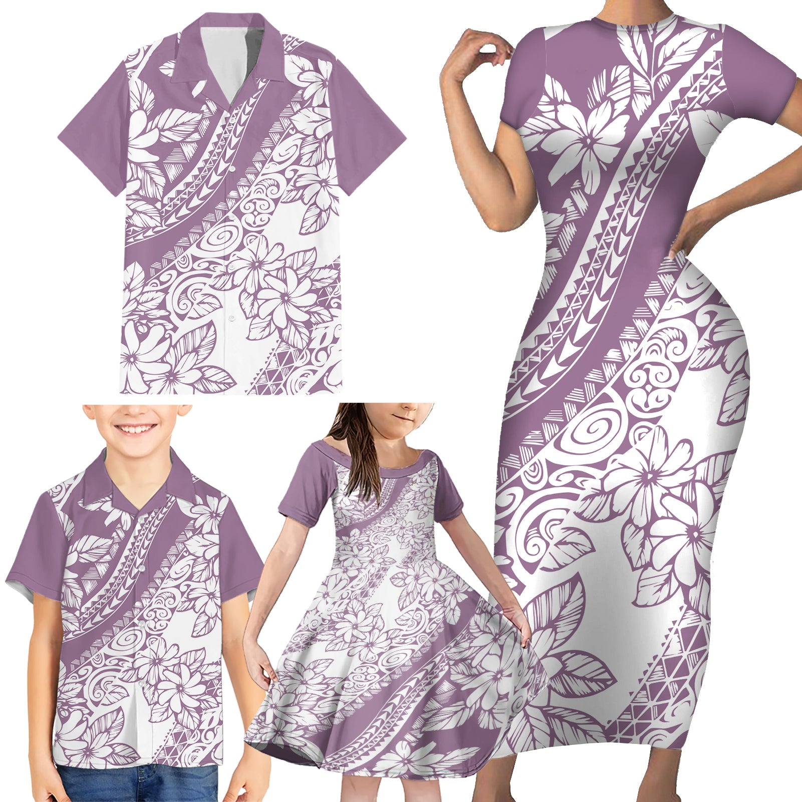 Polynesia Family Matching Short Sleeve Bodycon Dress and Hawaiian Shirt Polynesian Tropical Flowers Purple Pastel Vibes - Wonder Print Shop