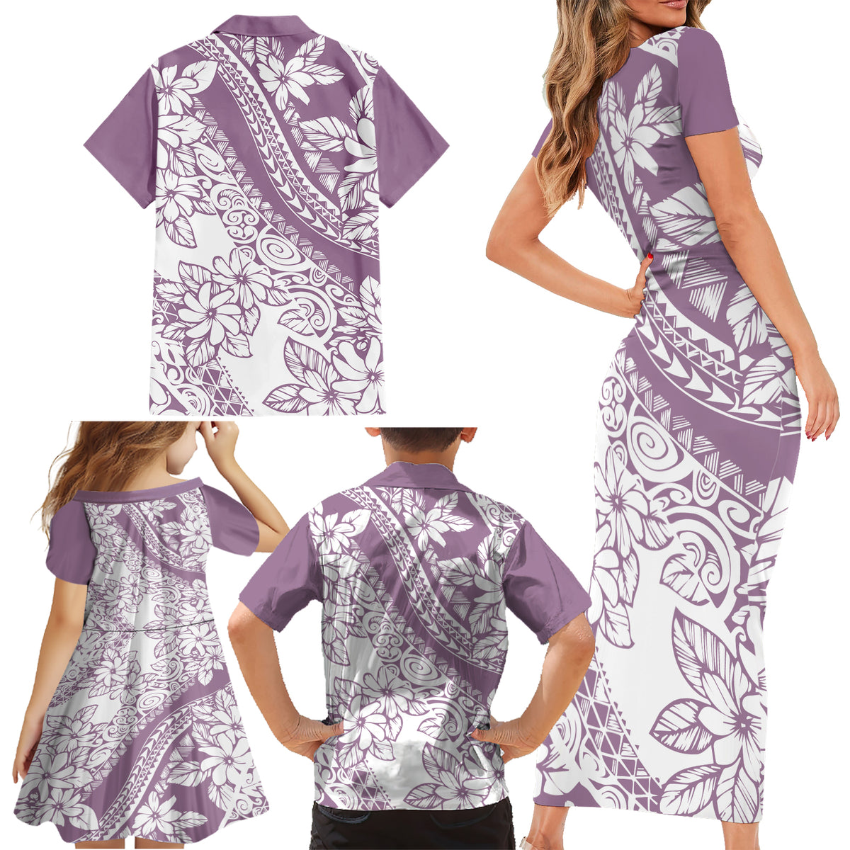 Polynesia Family Matching Short Sleeve Bodycon Dress and Hawaiian Shirt Polynesian Tropical Flowers Purple Pastel Vibes - Wonder Print Shop
