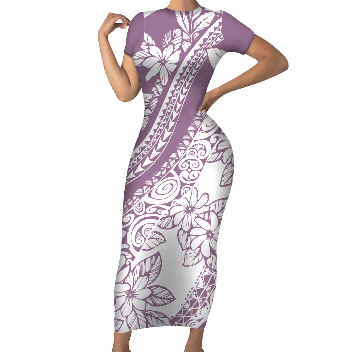 Polynesia Family Matching Short Sleeve Bodycon Dress and Hawaiian Shirt Polynesian Tropical Flowers Purple Pastel Vibes - Wonder Print Shop