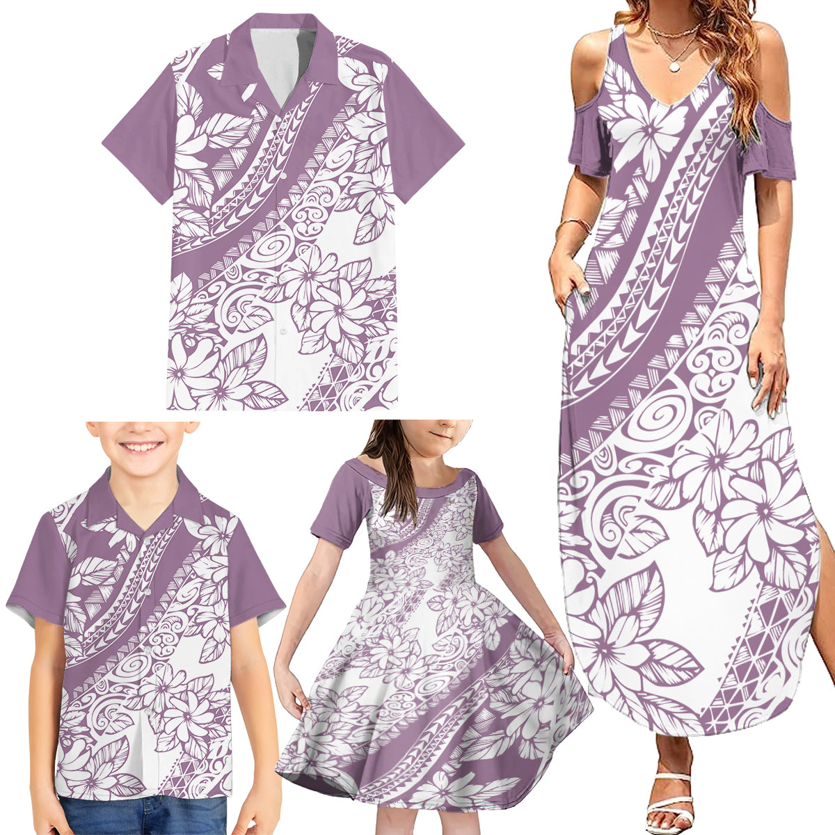 Polynesia Family Matching Summer Maxi Dress and Hawaiian Shirt Polynesian Tropical Flowers Purple Pastel Vibes - Wonder Print Shop
