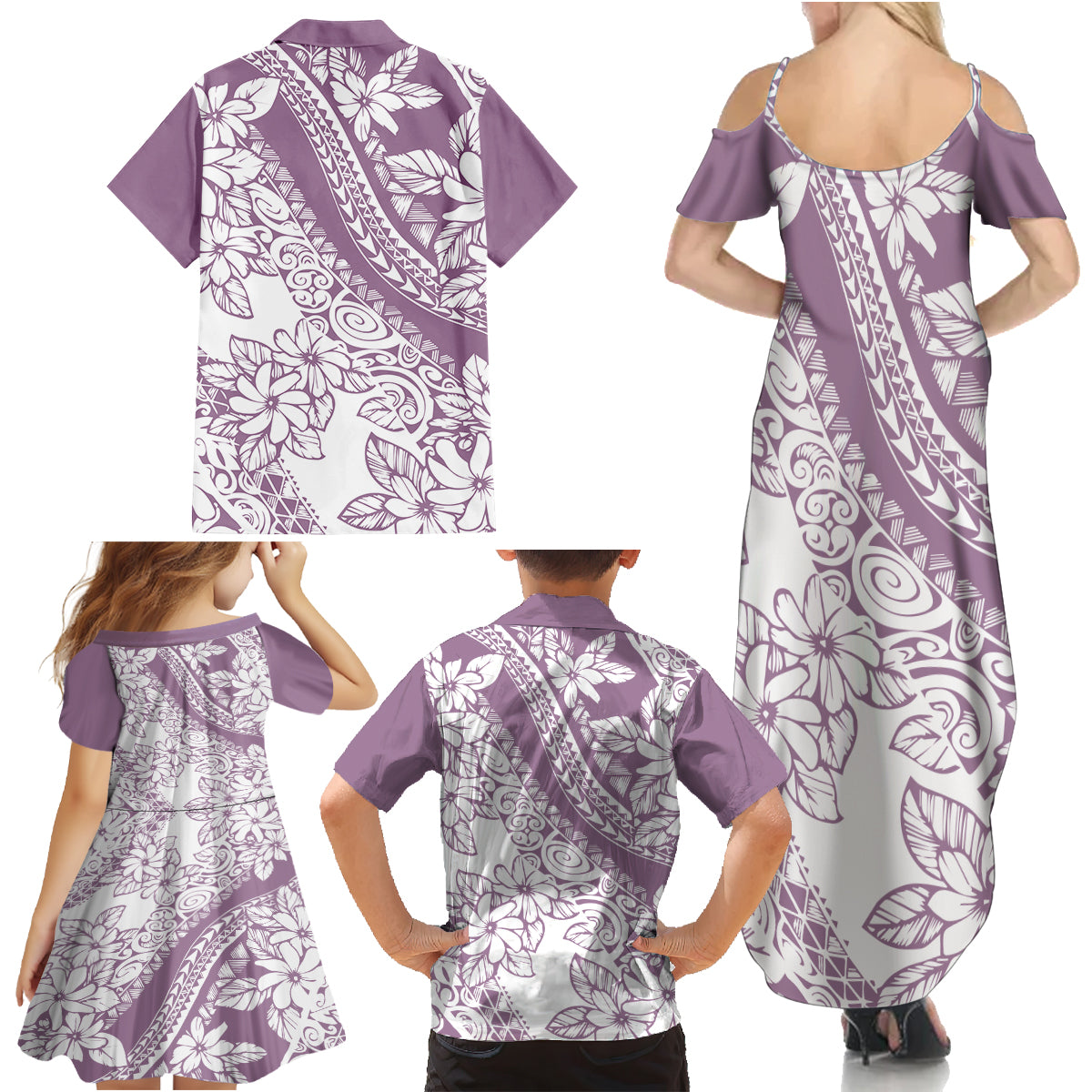 Polynesia Family Matching Summer Maxi Dress and Hawaiian Shirt Polynesian Tropical Flowers Purple Pastel Vibes - Wonder Print Shop