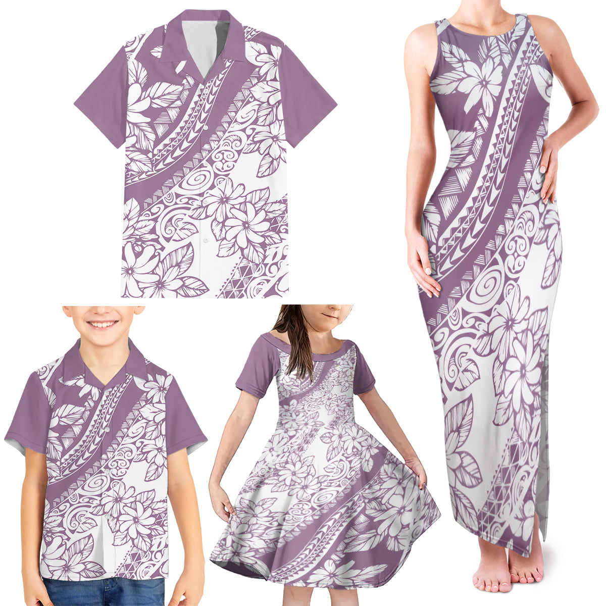 Polynesia Family Matching Tank Maxi Dress and Hawaiian Shirt Polynesian Tropical Flowers Purple Pastel Vibes - Wonder Print Shop