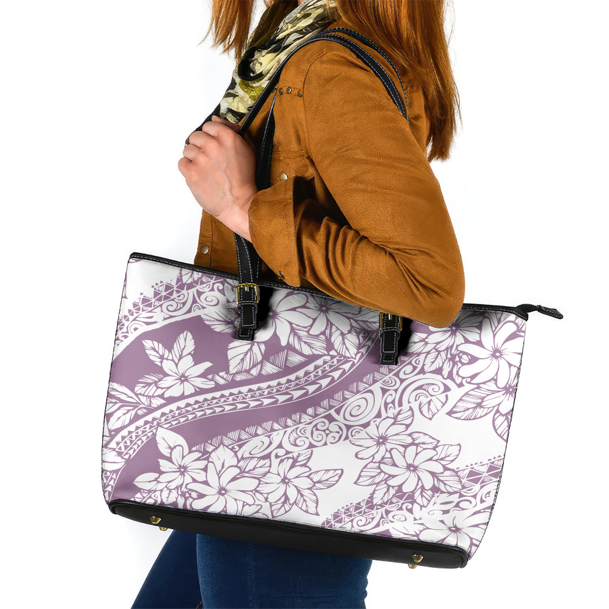Polynesia Leather Tote Bag Polynesian Tropical Flowers Purple Pastel Vibes - Wonder Print Shop