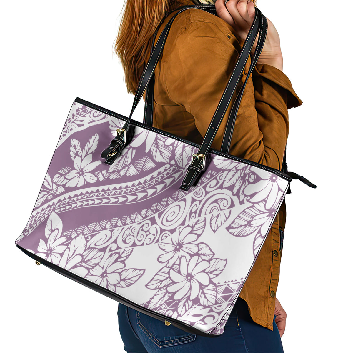 Polynesia Leather Tote Bag Polynesian Tropical Flowers Purple Pastel Vibes - Wonder Print Shop