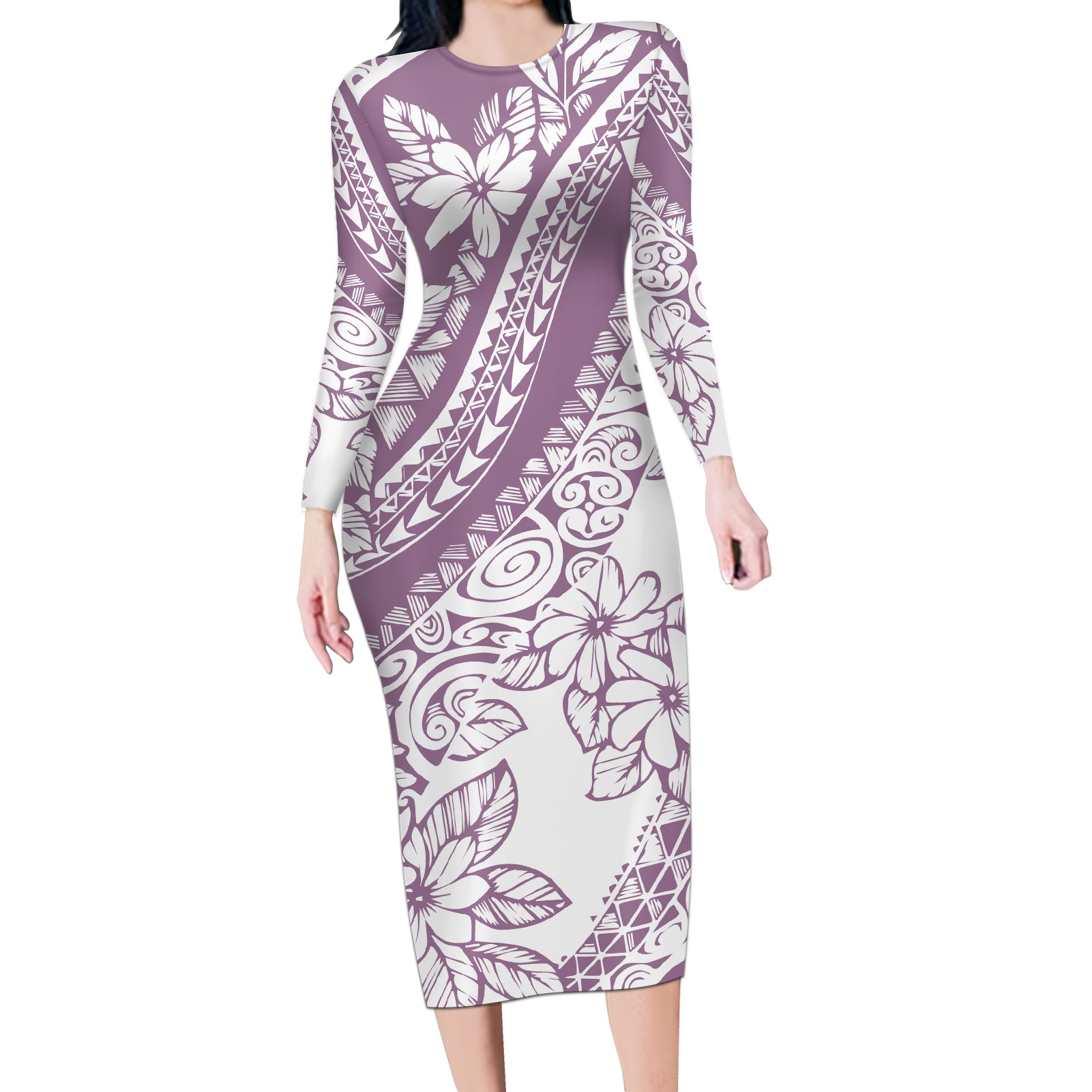 Polynesia Long Sleeve Bodycon Dress Polynesian Tropical Flowers Purple Pastel Vibes - Wonder Print Shop