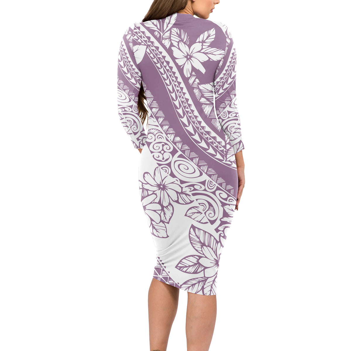 Polynesia Long Sleeve Bodycon Dress Polynesian Tropical Flowers Purple Pastel Vibes - Wonder Print Shop