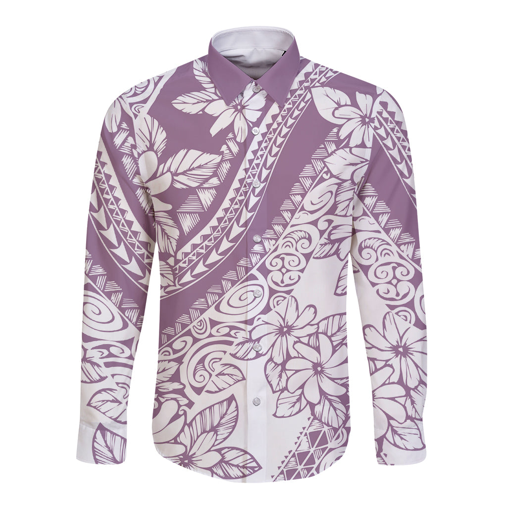 Polynesia Long Sleeve Button Shirt Polynesian Tropical Flowers Purple Pastel Vibes - Wonder Print Shop