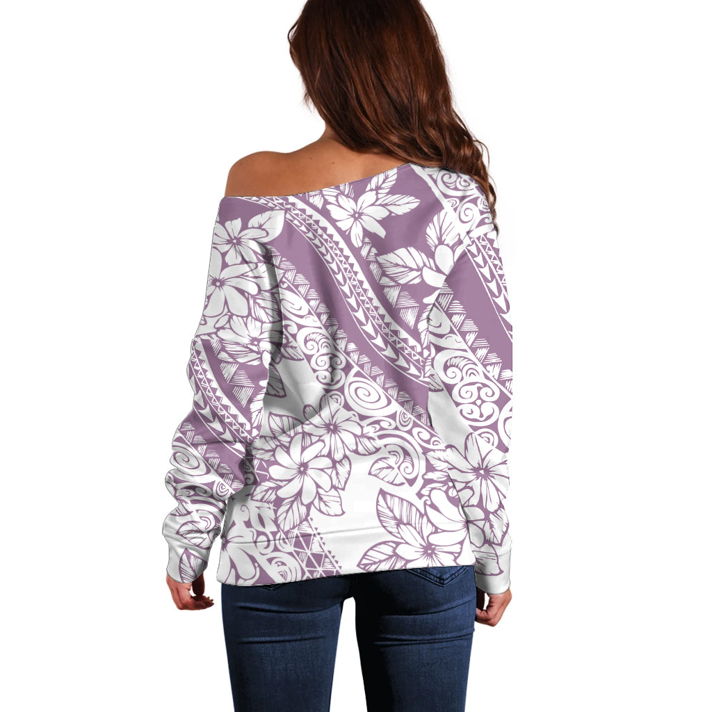 Polynesia Off Shoulder Sweater Polynesian Tropical Flowers Purple Pastel Vibes - Wonder Print Shop