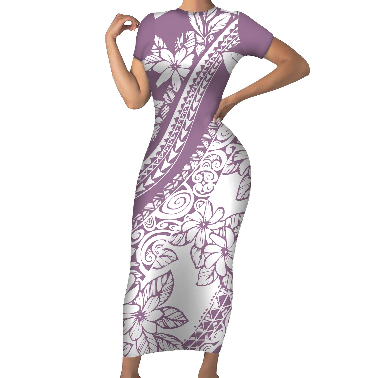 Polynesia Short Sleeve Bodycon Dress Polynesian Tropical Flowers Purple Pastel Vibes - Wonder Print Shop