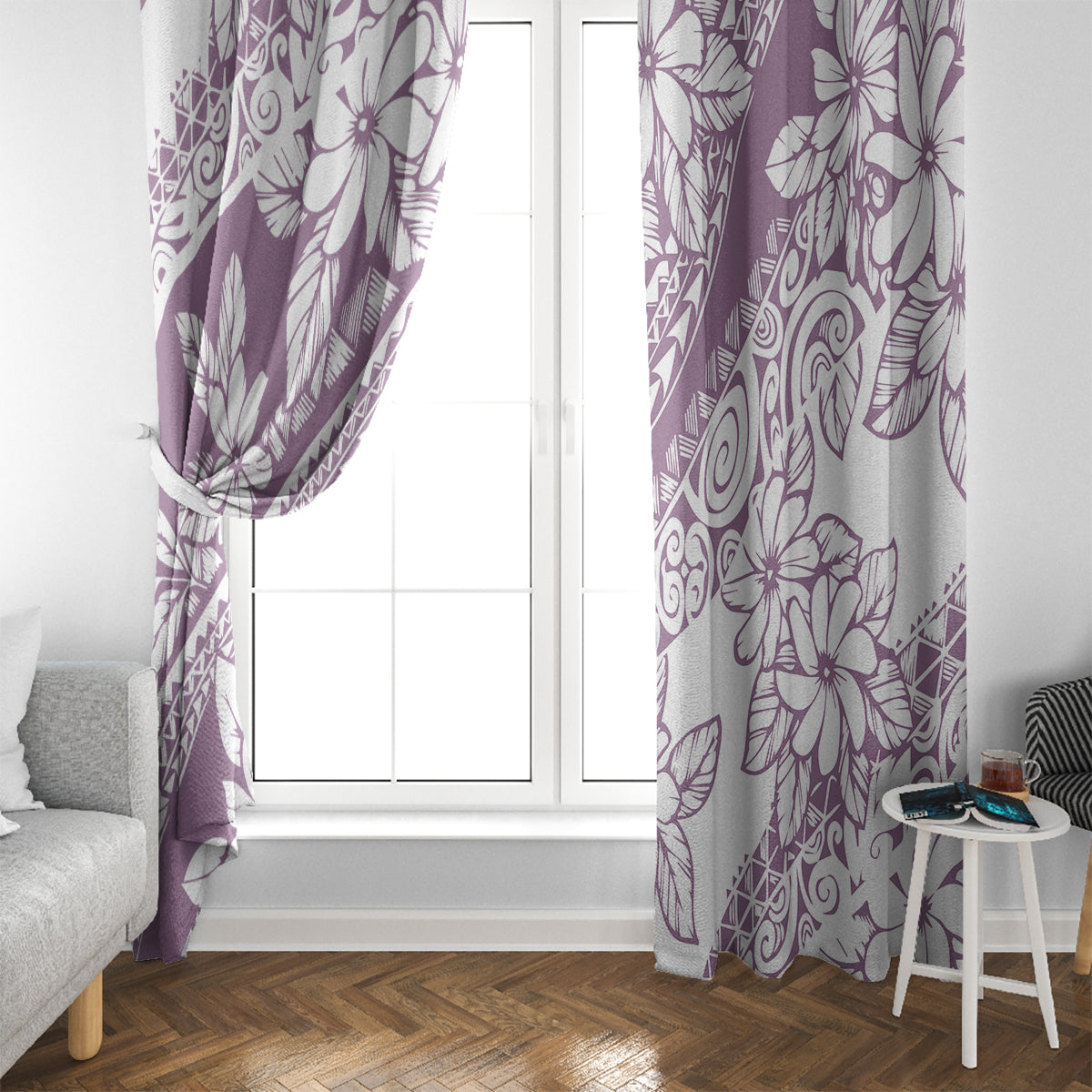 Polynesia Window Curtain Polynesian Tropical Flowers Purple Pastel Vibes - Wonder Print Shop