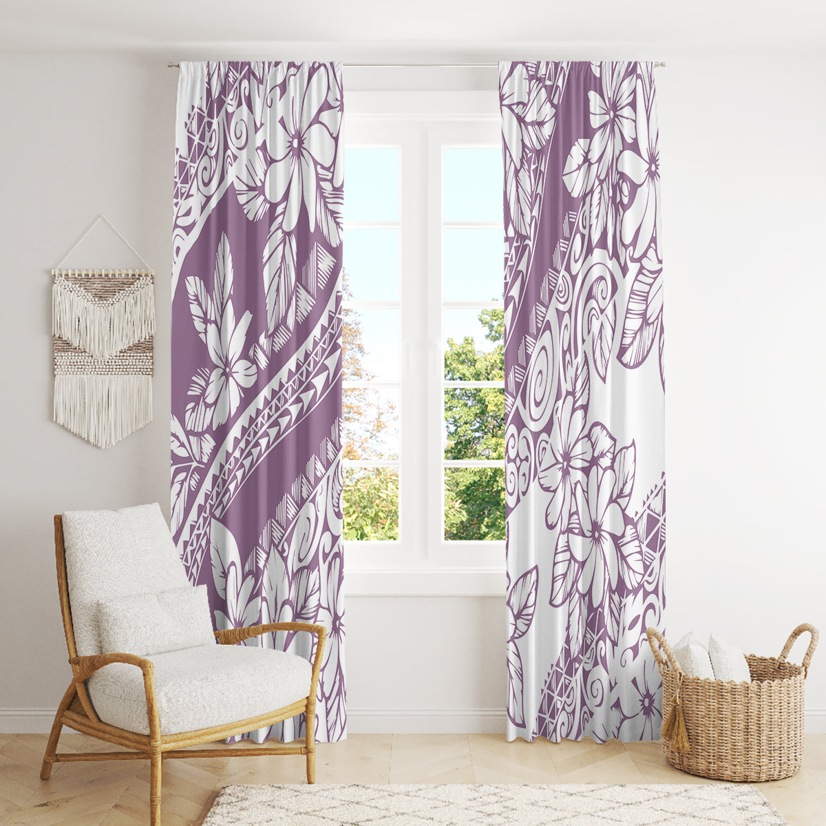 Polynesia Window Curtain Polynesian Tropical Flowers Purple Pastel Vibes - Wonder Print Shop