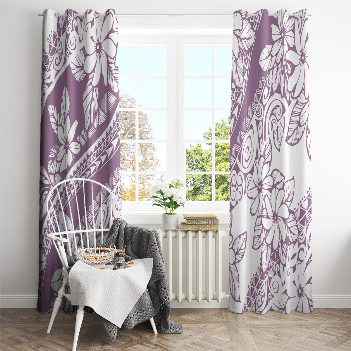 Polynesia Window Curtain Polynesian Tropical Flowers Purple Pastel Vibes - Wonder Print Shop