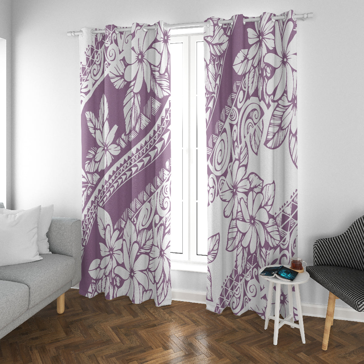 Polynesia Window Curtain Polynesian Tropical Flowers Purple Pastel Vibes - Wonder Print Shop