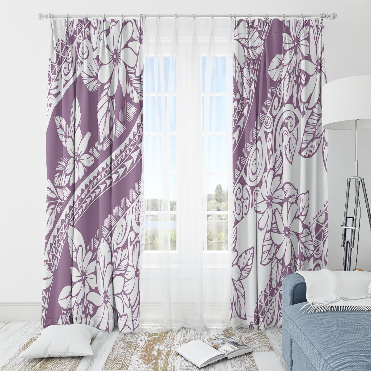 Polynesia Window Curtain Polynesian Tropical Flowers Purple Pastel Vibes - Wonder Print Shop