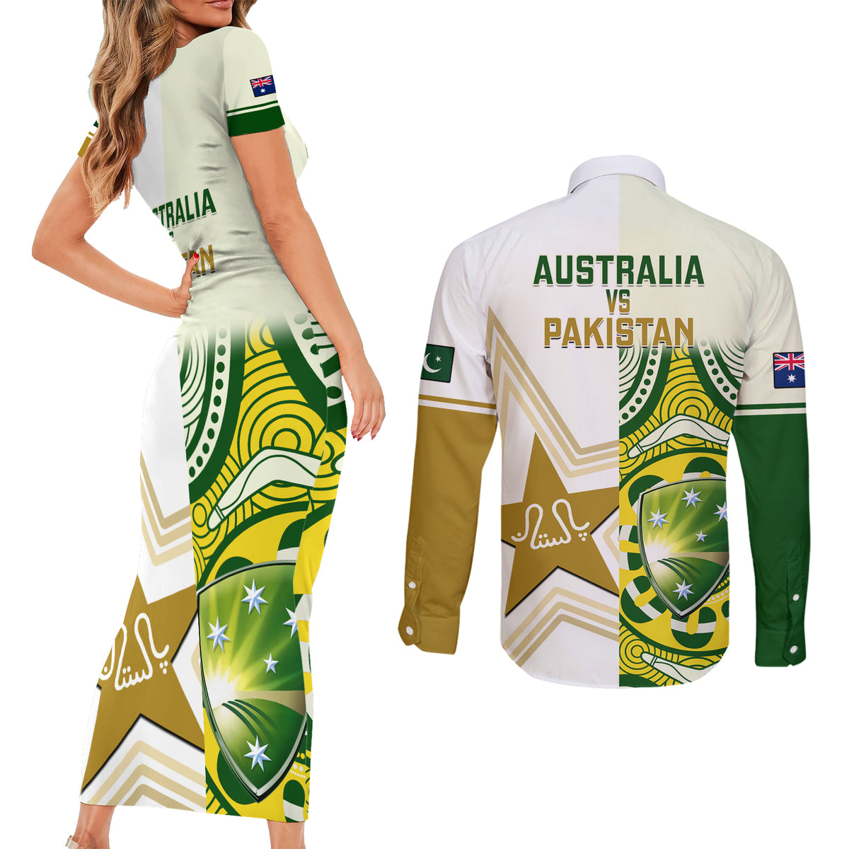 Australia And Pakistan Cricket Couples Matching Short Sleeve Bodycon Dress and Long Sleeve Button Shirts Boxing Day 2023 Test Aussie With Shaheens - Wonder Print Shop