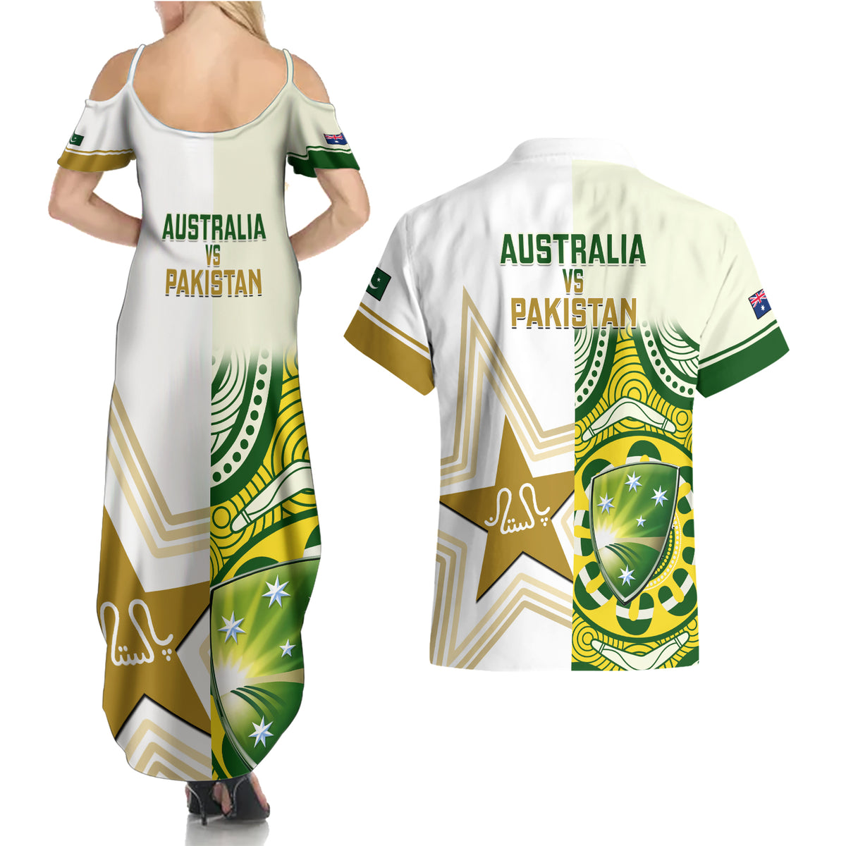Australia And Pakistan Cricket Couples Matching Summer Maxi Dress and Hawaiian Shirt Boxing Day 2023 Test Aussie With Shaheens - Wonder Print Shop