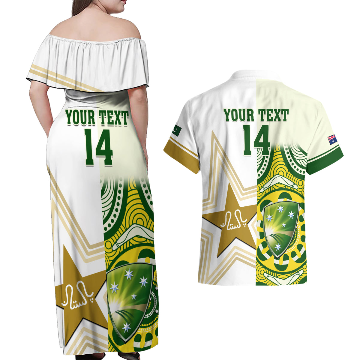 Custom Australia And Pakistan Cricket Couples Matching Off Shoulder Maxi Dress and Hawaiian Shirt Boxing Day 2023 Test Aussie With Shaheens - Wonder Print Shop