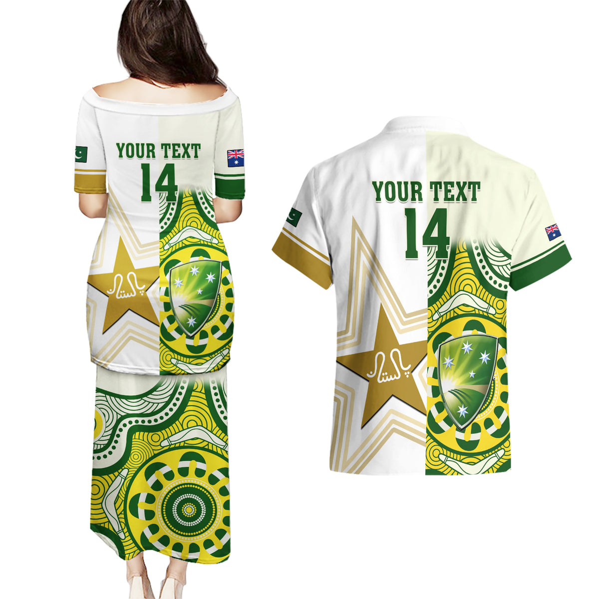 Custom Australia And Pakistan Cricket Couples Matching Puletasi Dress and Hawaiian Shirt Boxing Day 2023 Test Aussie With Shaheens - Wonder Print Shop