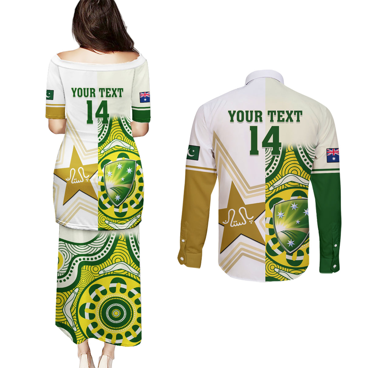 Custom Australia And Pakistan Cricket Couples Matching Puletasi Dress and Long Sleeve Button Shirts Boxing Day 2023 Test Aussie With Shaheens - Wonder Print Shop