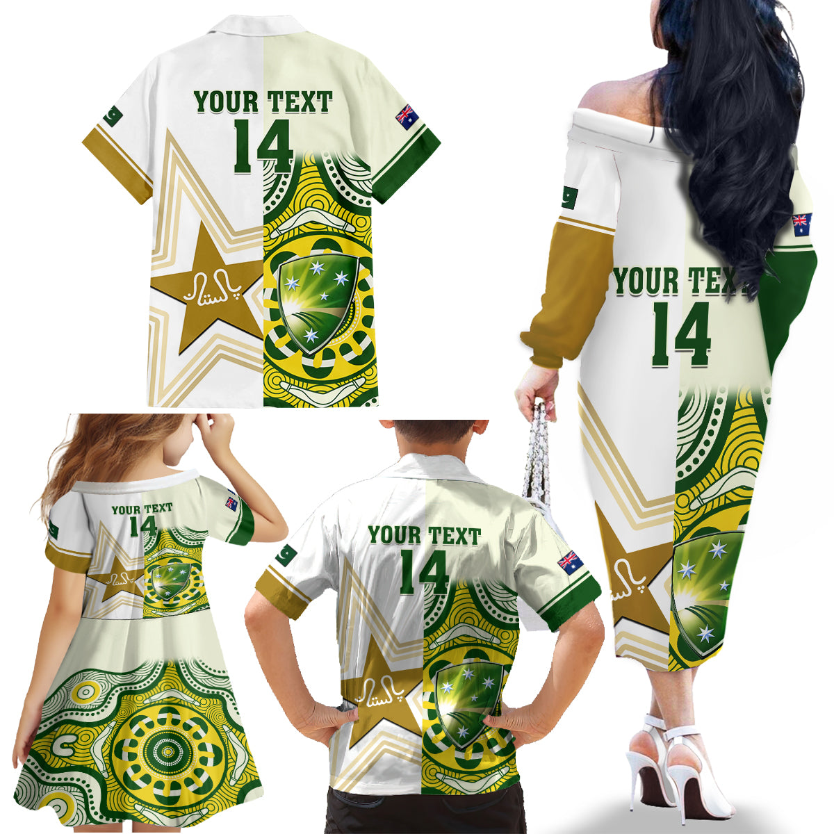 Custom Australia And Pakistan Cricket Family Matching Off Shoulder Long Sleeve Dress and Hawaiian Shirt Boxing Day 2023 Test Aussie With Shaheens - Wonder Print Shop