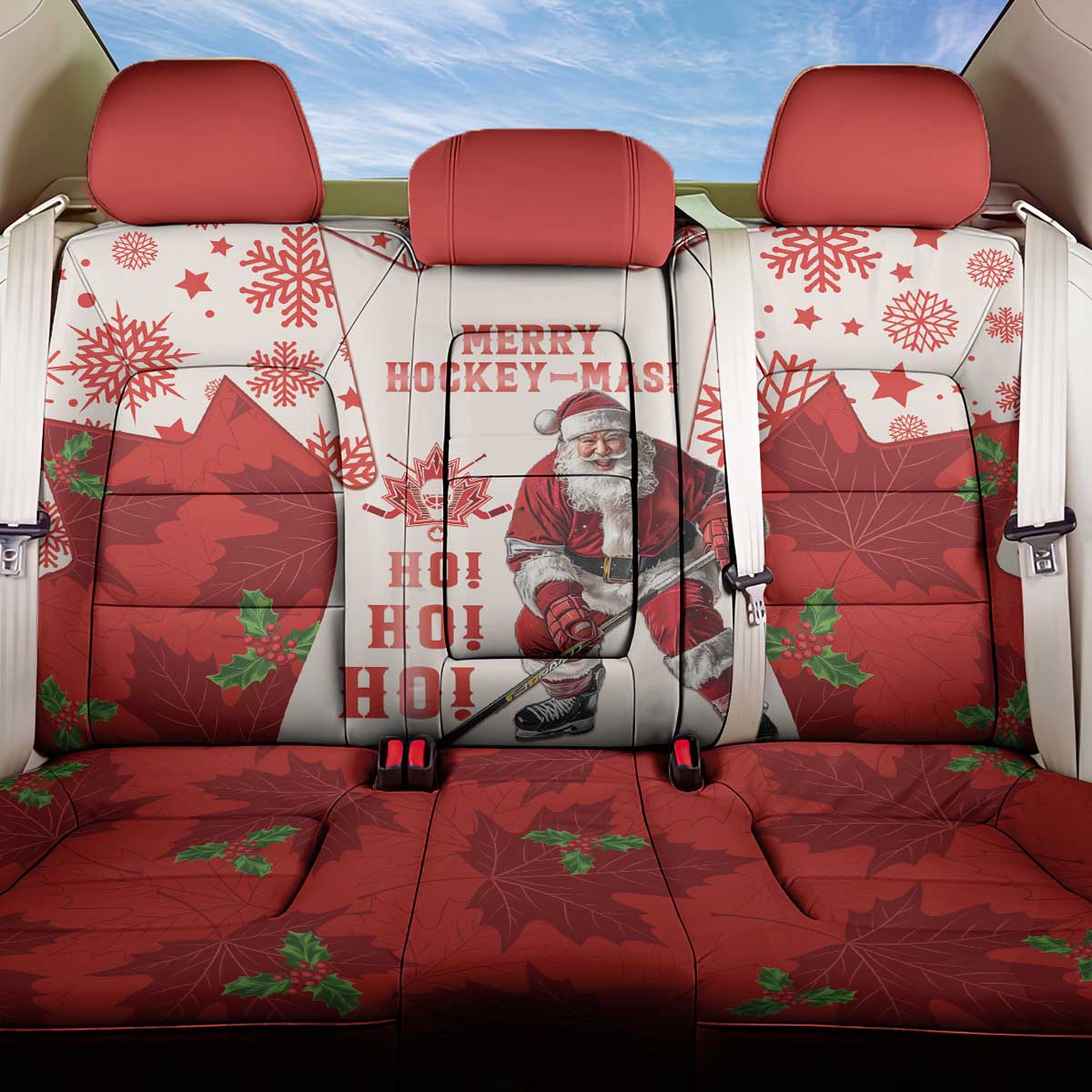 Christmas Canada Hockey Back Car Seat Cover Merry Hockey-Mas Maple Leaves Pattern - Wonder Print Shop