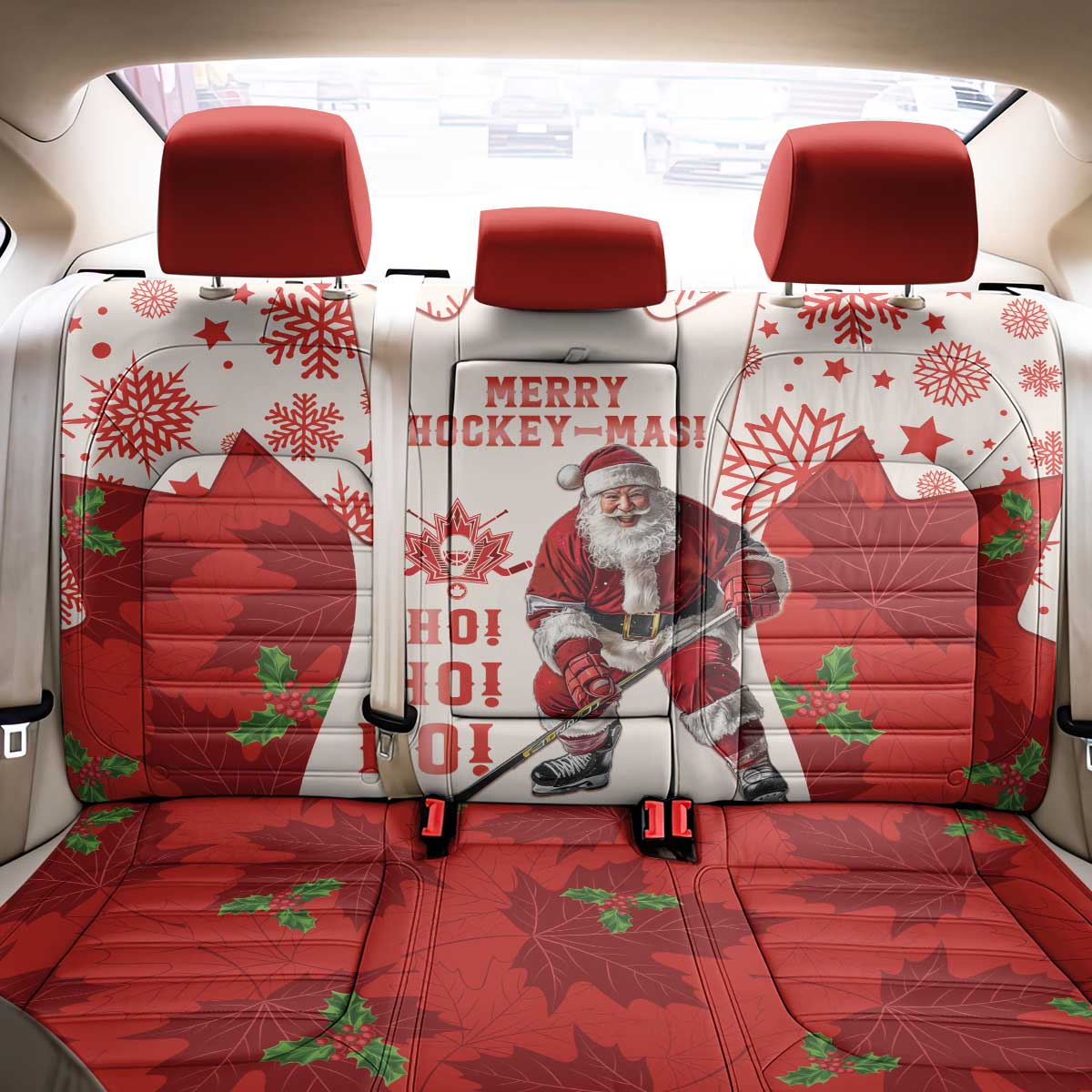 Christmas Canada Hockey Back Car Seat Cover Merry Hockey-Mas Maple Leaves Pattern - Wonder Print Shop