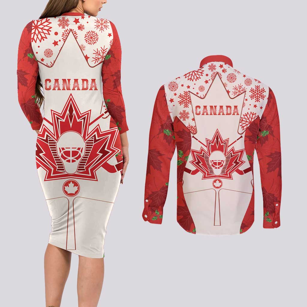 Christmas Canada Hockey Couples Matching Long Sleeve Bodycon Dress and Long Sleeve Button Shirt Merry Hockey-Mas Maple Leaves Pattern - Wonder Print Shop