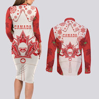 Christmas Canada Hockey Couples Matching Long Sleeve Bodycon Dress and Long Sleeve Button Shirt Merry Hockey-Mas Maple Leaves Pattern - Wonder Print Shop