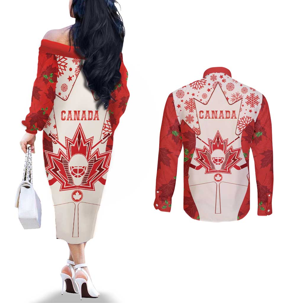 Christmas Canada Hockey Couples Matching Off The Shoulder Long Sleeve Dress and Long Sleeve Button Shirt Merry Hockey-Mas Maple Leaves Pattern