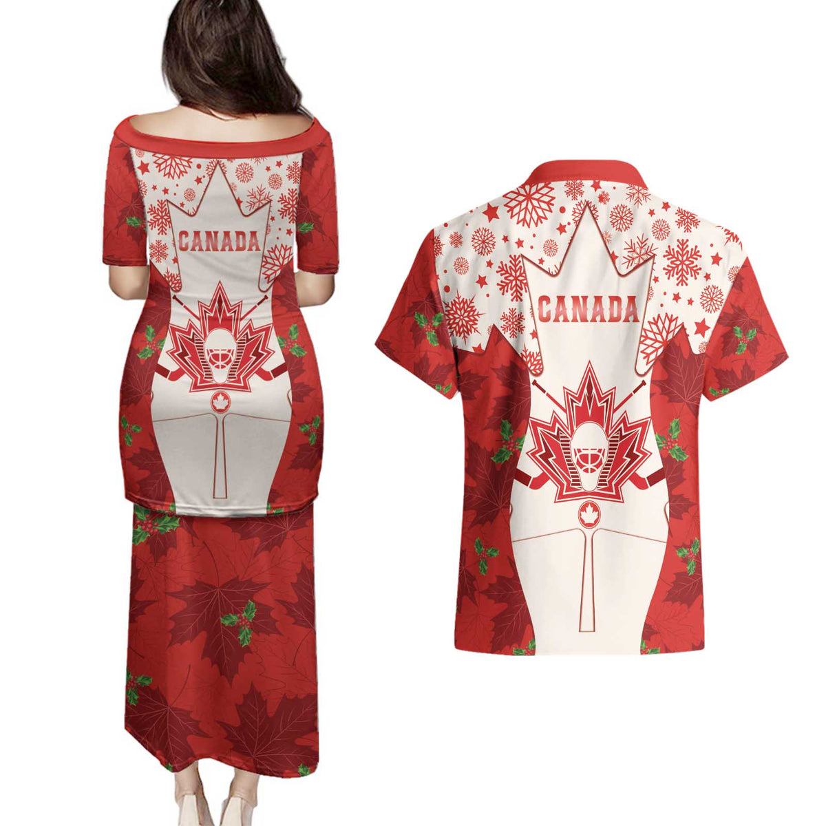Christmas Canada Hockey Couples Matching Puletasi and Hawaiian Shirt Merry Hockey-Mas Maple Leaves Pattern - Wonder Print Shop