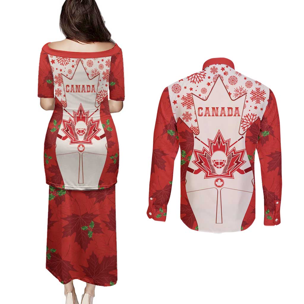 Christmas Canada Hockey Couples Matching Puletasi and Long Sleeve Button Shirt Merry Hockey-Mas Maple Leaves Pattern - Wonder Print Shop