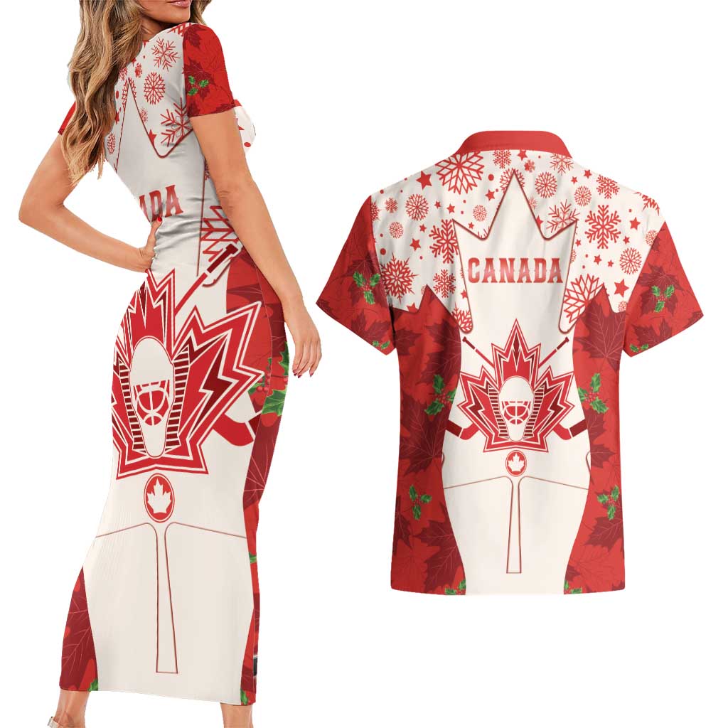 Christmas Canada Hockey Couples Matching Short Sleeve Bodycon Dress and Hawaiian Shirt Merry Hockey-Mas Maple Leaves Pattern - Wonder Print Shop