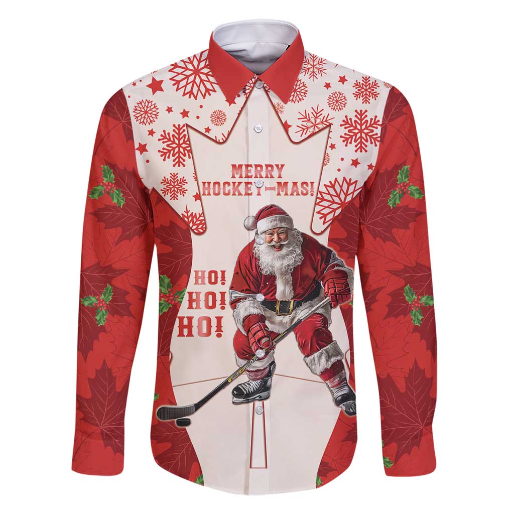 Christmas Canada Hockey Family Matching Long Sleeve Bodycon Dress and Hawaiian Shirt Merry Hockey-Mas Maple Leaves Pattern - Wonder Print Shop