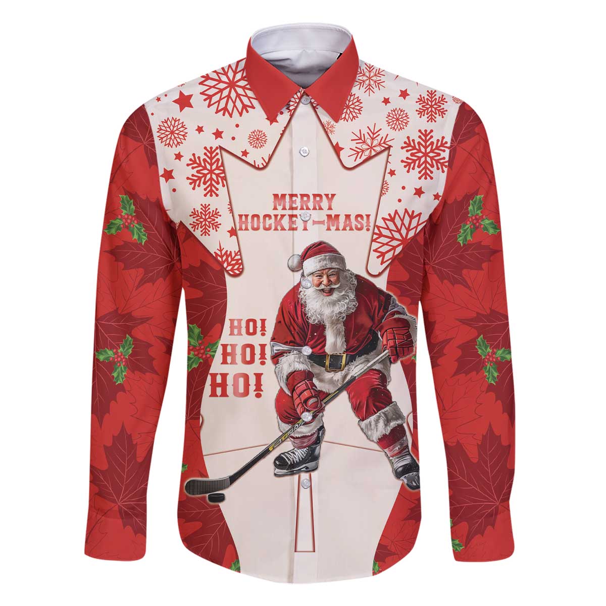Christmas Canada Hockey Family Matching Off The Shoulder Long Sleeve Dress and Hawaiian Shirt Merry Hockey-Mas Maple Leaves Pattern - Wonder Print Shop